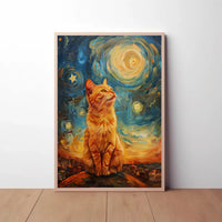 Majestic Orange Cat Over Starry Cityscape Artistic Poster PosterGoat