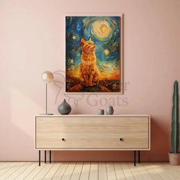 Majestic Orange Cat Over Starry Cityscape Artistic Poster PosterGoat