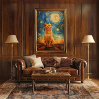 Majestic Orange Cat Over Starry Cityscape Artistic Poster PosterGoat