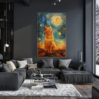 Majestic Orange Cat Over Starry Cityscape Artistic Poster PosterGoat