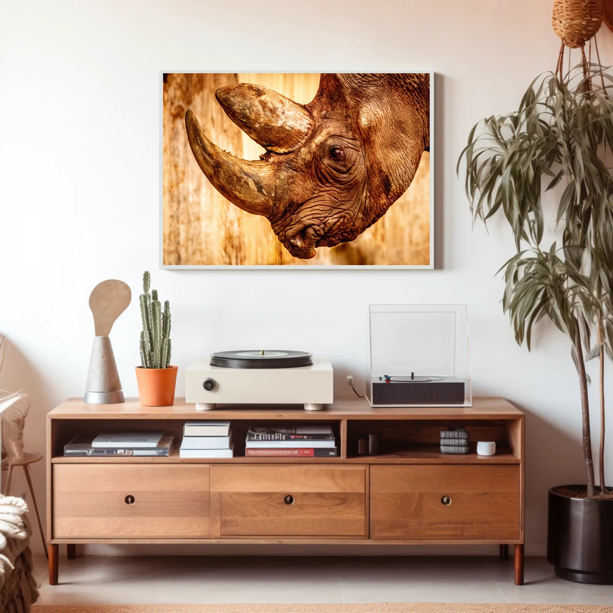 Majestic Rhinoceros Close-up Inspires Wildlife Conservation Animal Poster PosterGoat