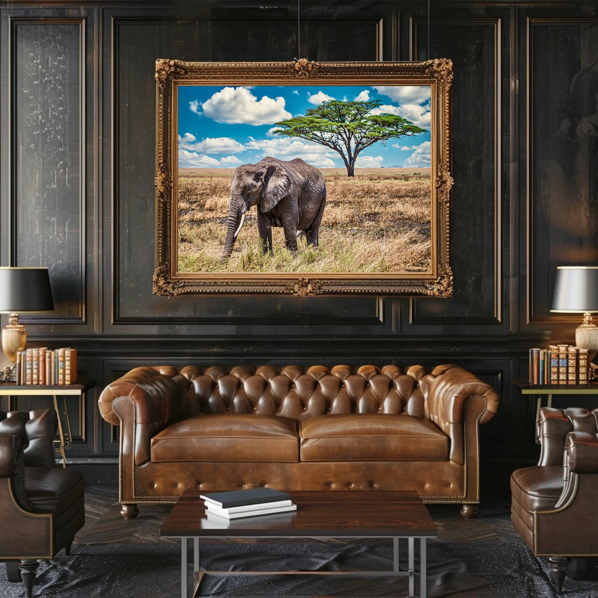 Majestic Savanna Scene with Elephant Animal Poster PosterGoat