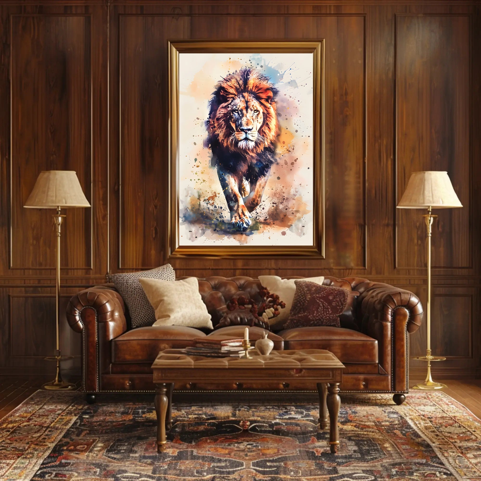 Majestic Watercolor Lion in Motion Animal Poster PosterGoat