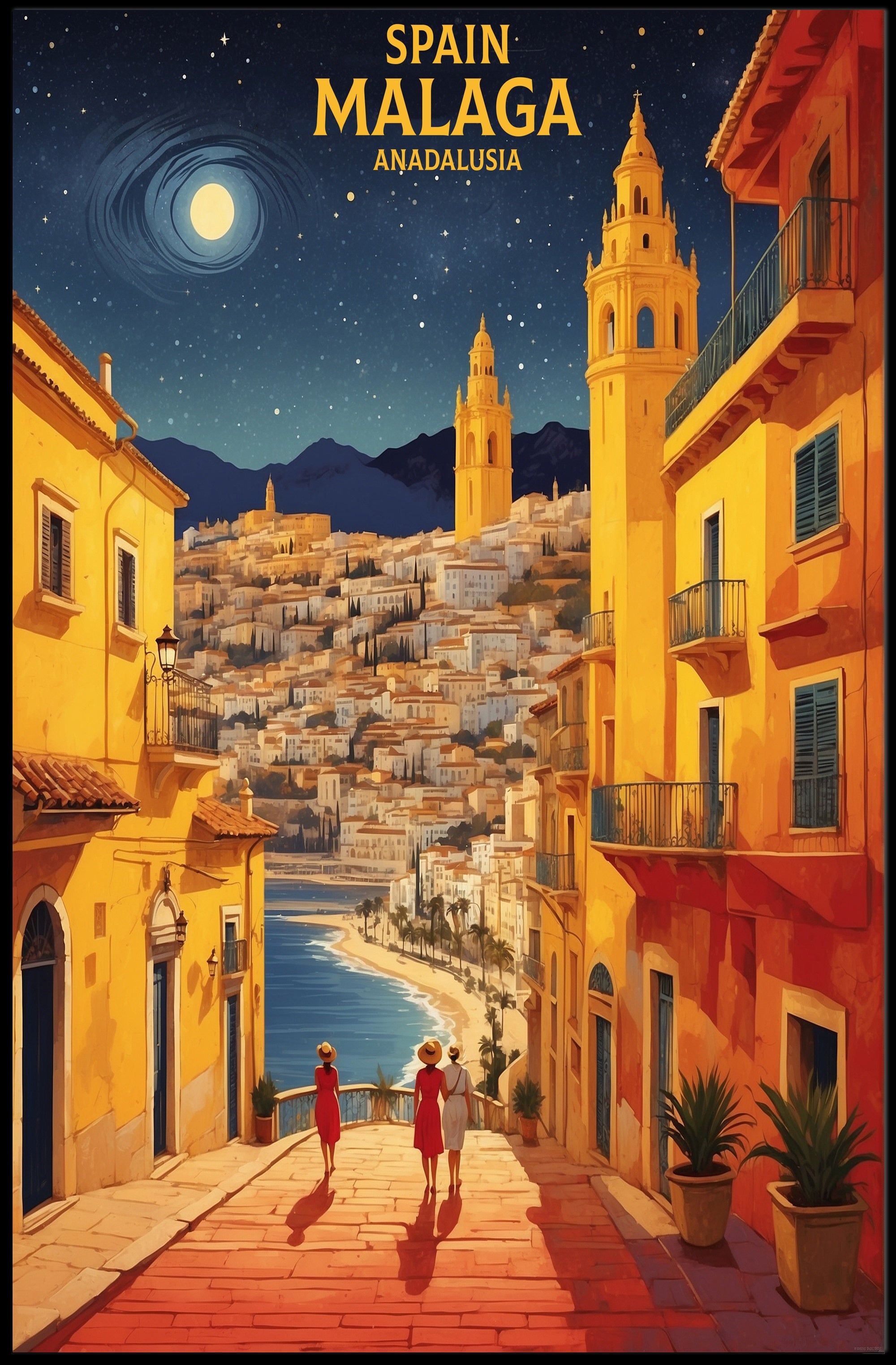 Málaga Nightscape Coastal Charm Travel Poster PosterGoat
