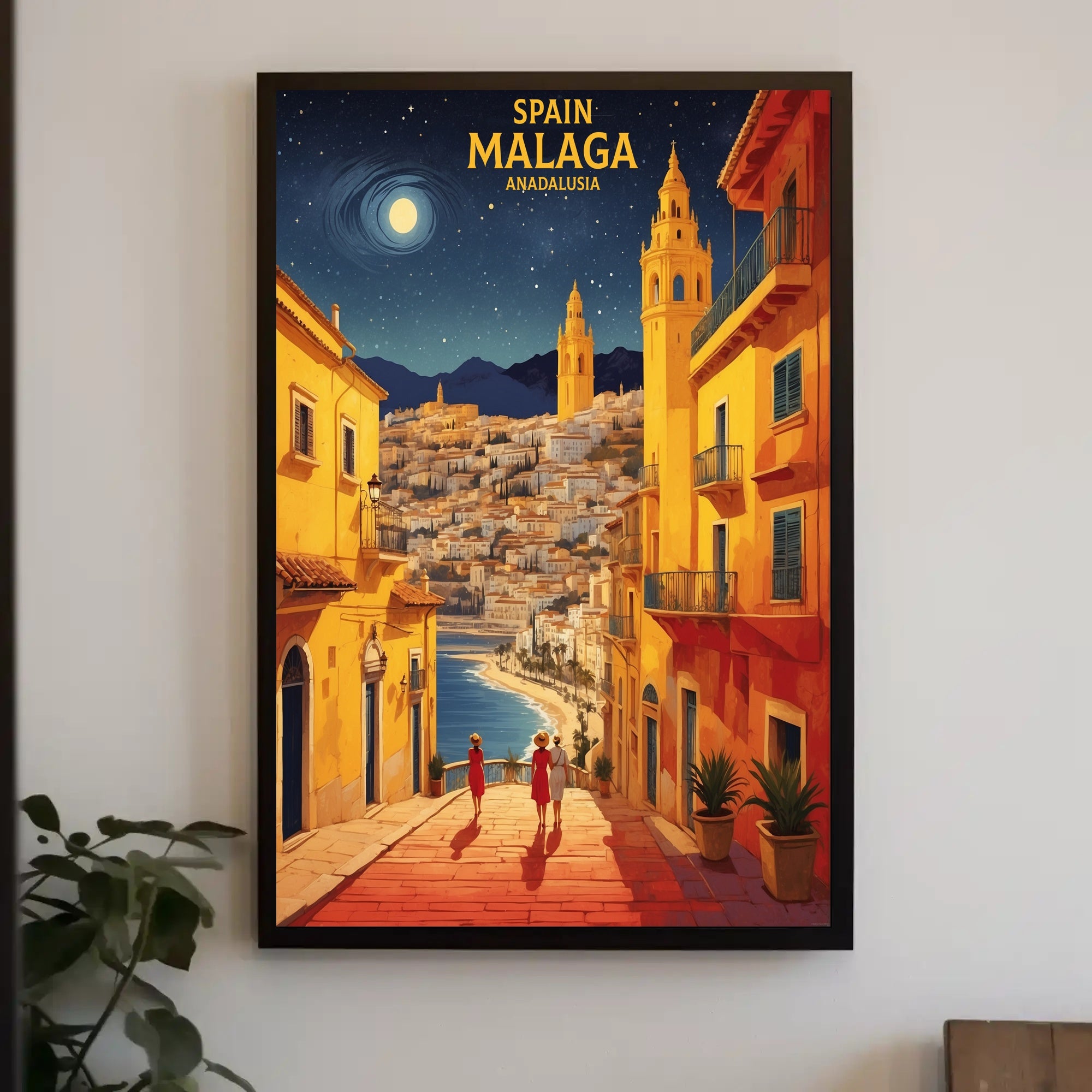 Málaga Nightscape Coastal Charm Travel Poster PosterGoat