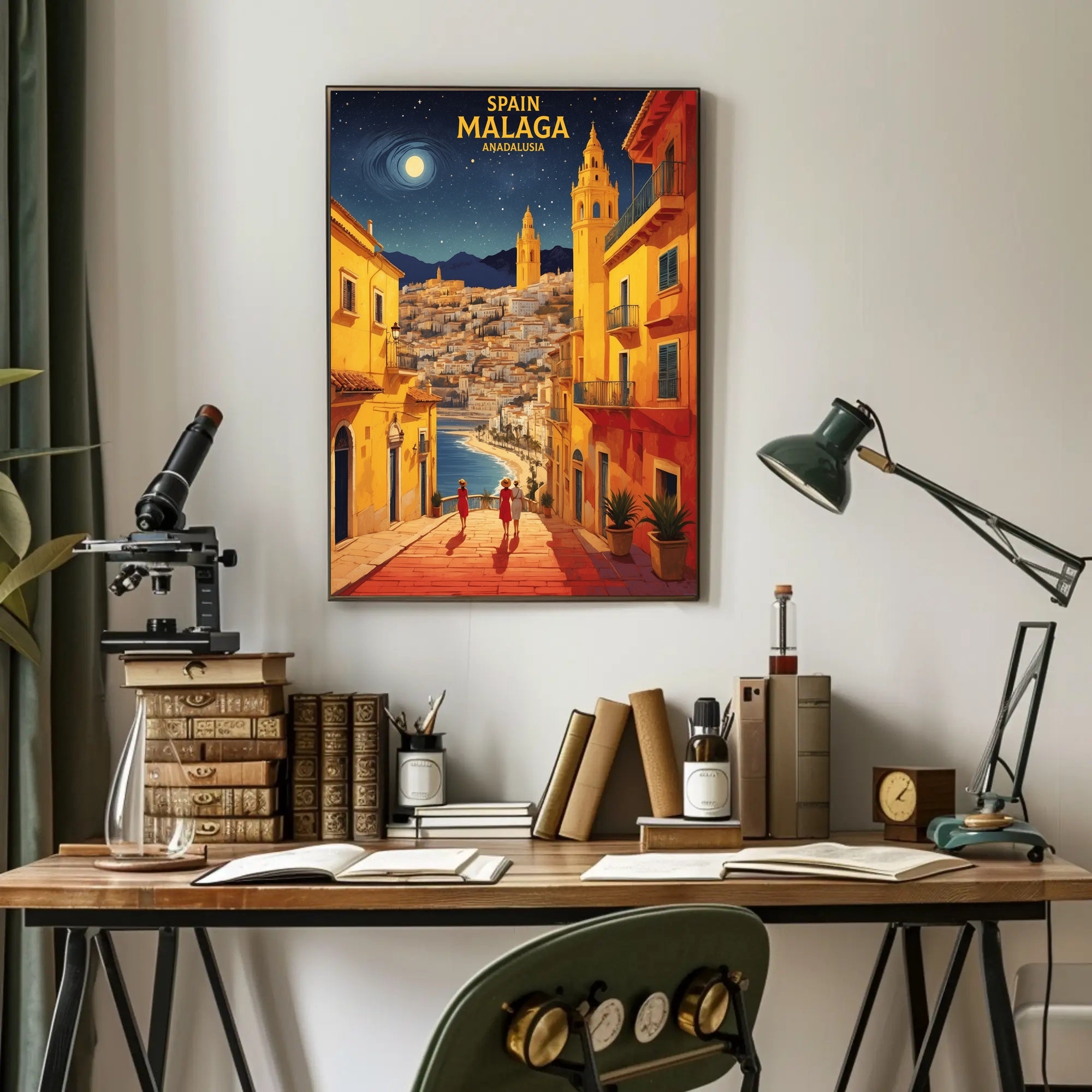 Málaga Nightscape Coastal Charm Travel Poster PosterGoat