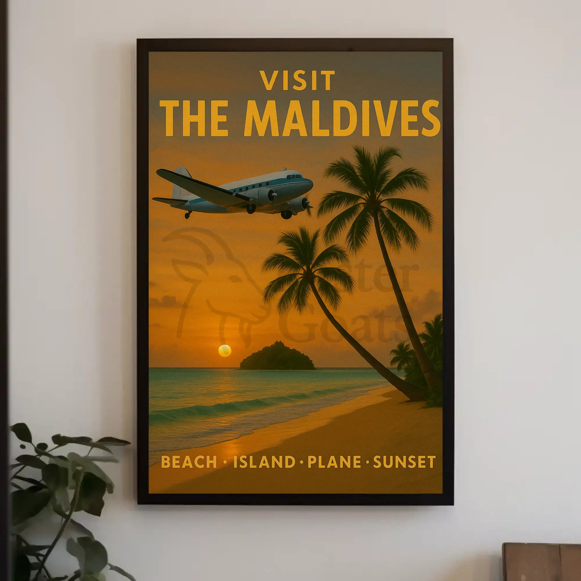 Maldives Vintage Travel Advertisement: Tropical Sunset Poster PosterGoat