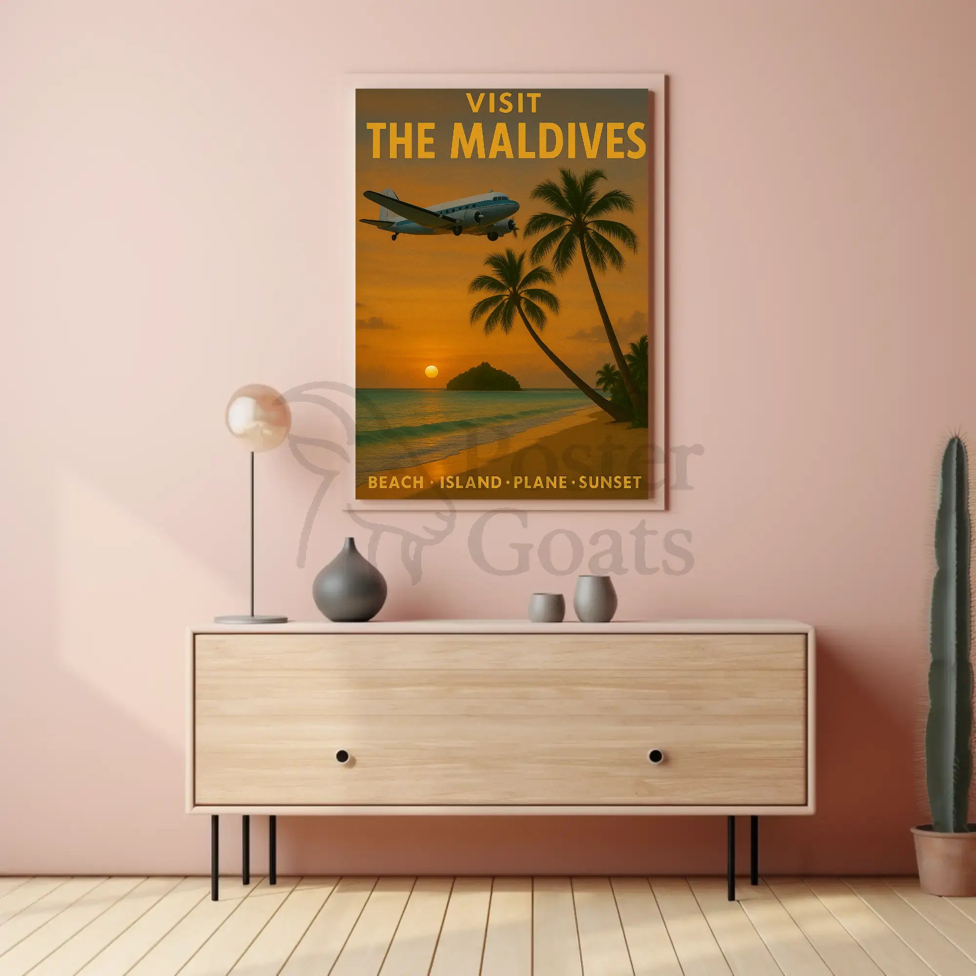 Maldives Vintage Travel Advertisement: Tropical Sunset Poster PosterGoat
