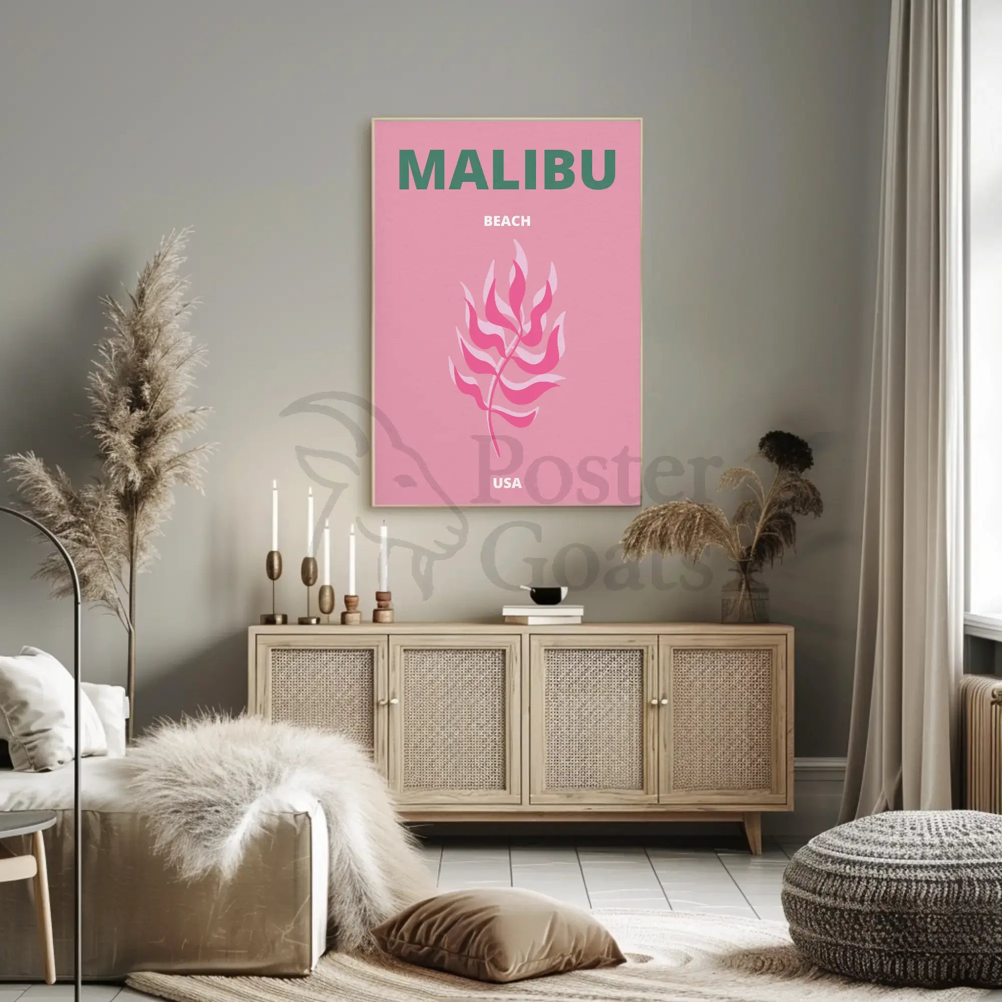 Malibu Pink Leaf Modern Travel Poster PosterGoat