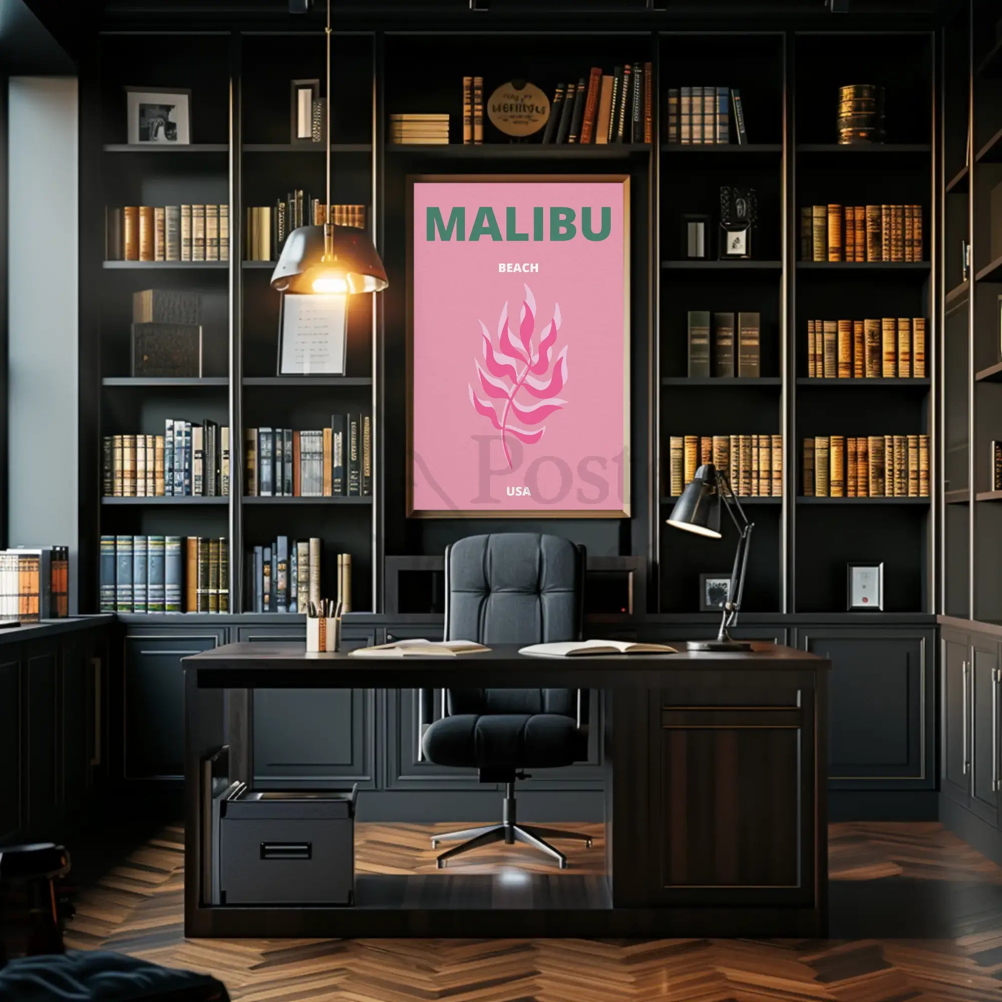 Malibu Pink Leaf Modern Travel Poster PosterGoat