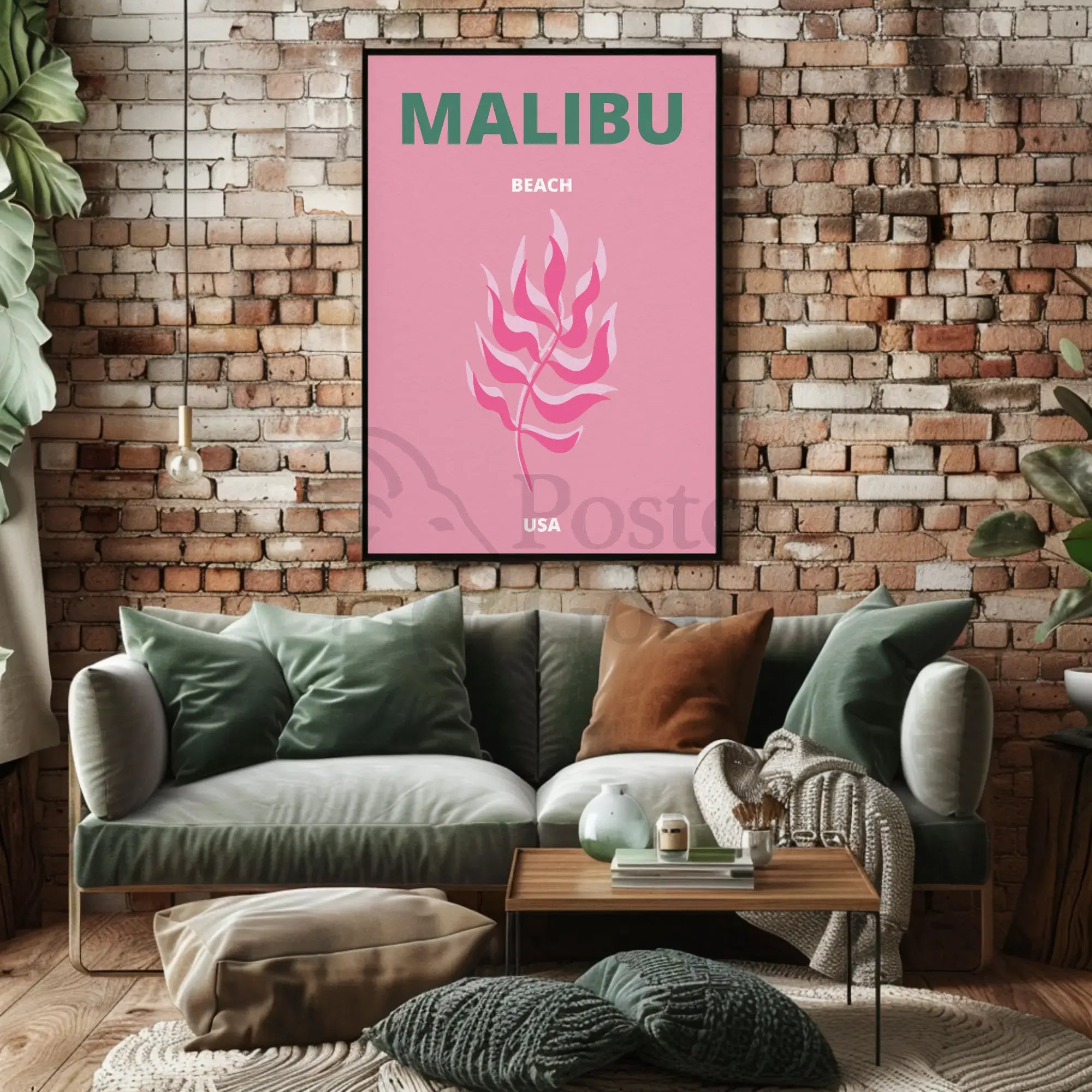 Malibu Pink Leaf Modern Travel Poster PosterGoat