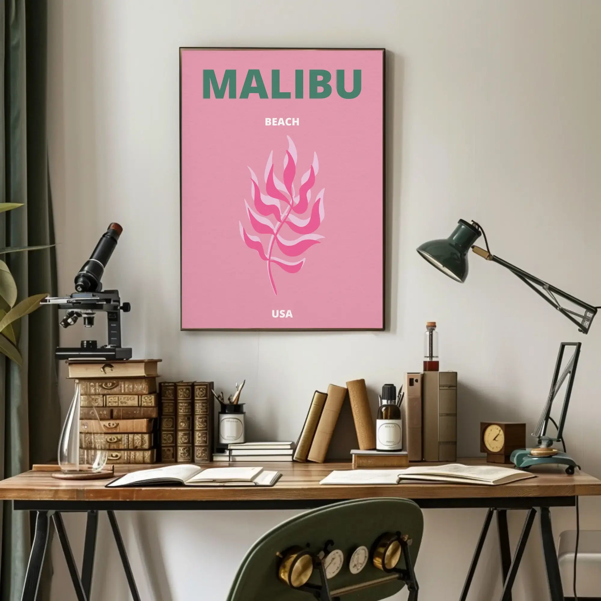 Malibu Pink Leaf Modern Travel Poster PosterGoat