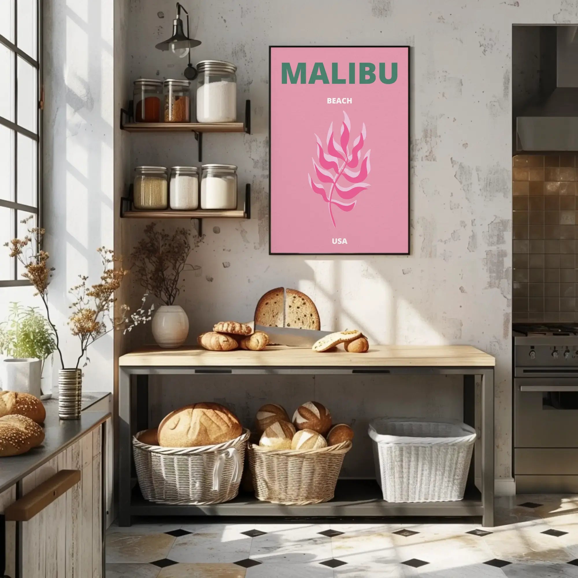Malibu Pink Leaf Modern Travel Poster PosterGoat