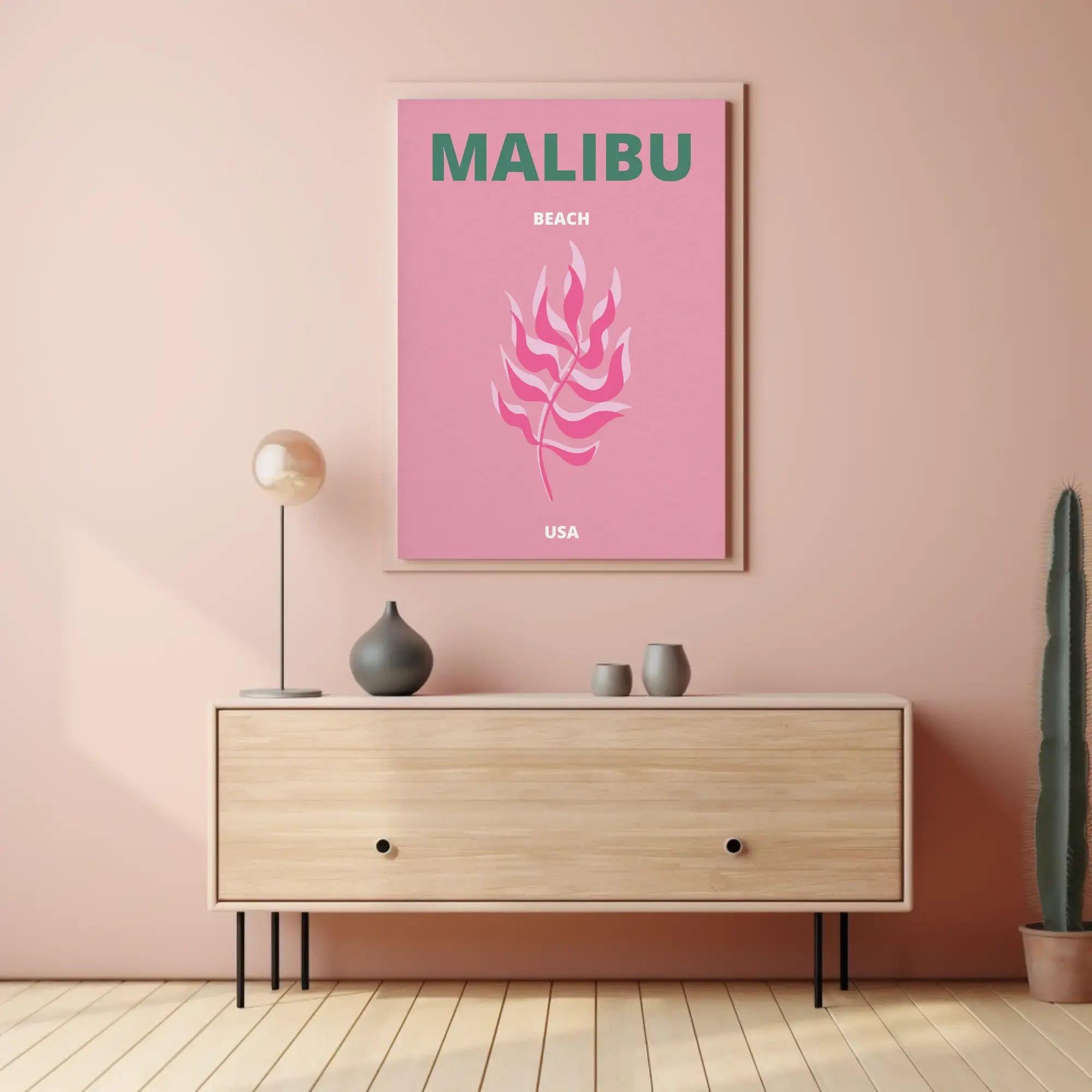 Malibu Pink Leaf Modern Travel Poster PosterGoat