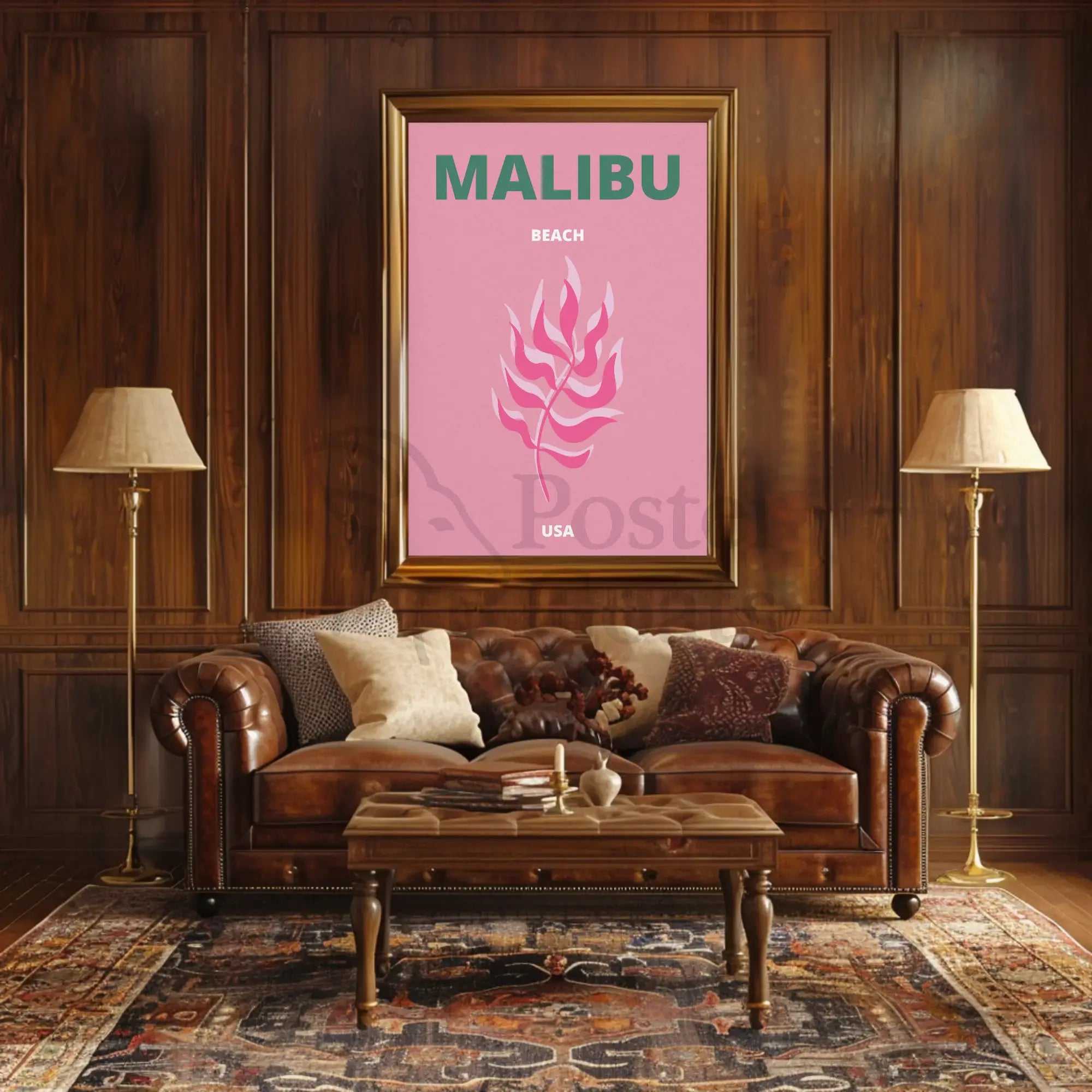 Malibu Pink Leaf Modern Travel Poster PosterGoat