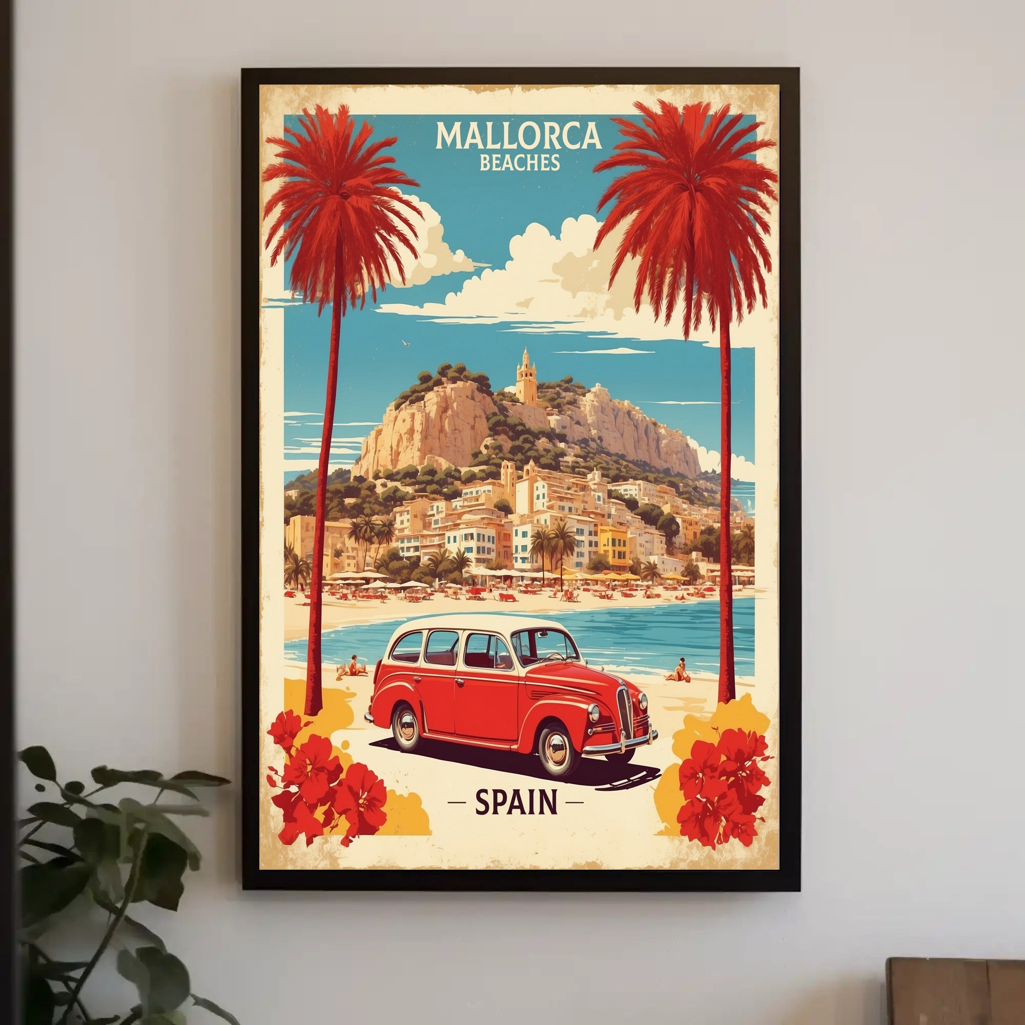 Mallorca Beach Scene with Vintage Car Travel Poster PosterGoat