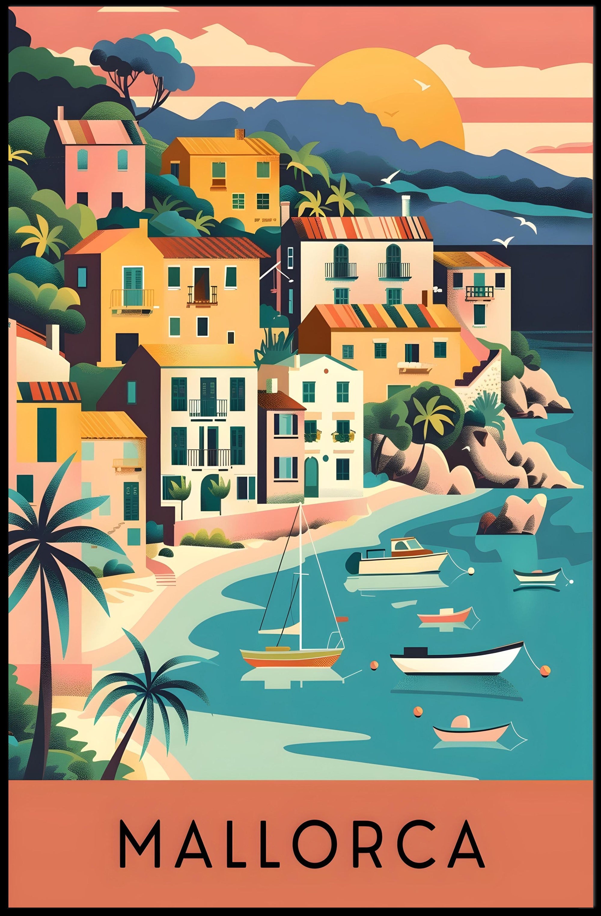 Mallorca Coastal Village Charm Vintage Travel Poster PosterGoat
