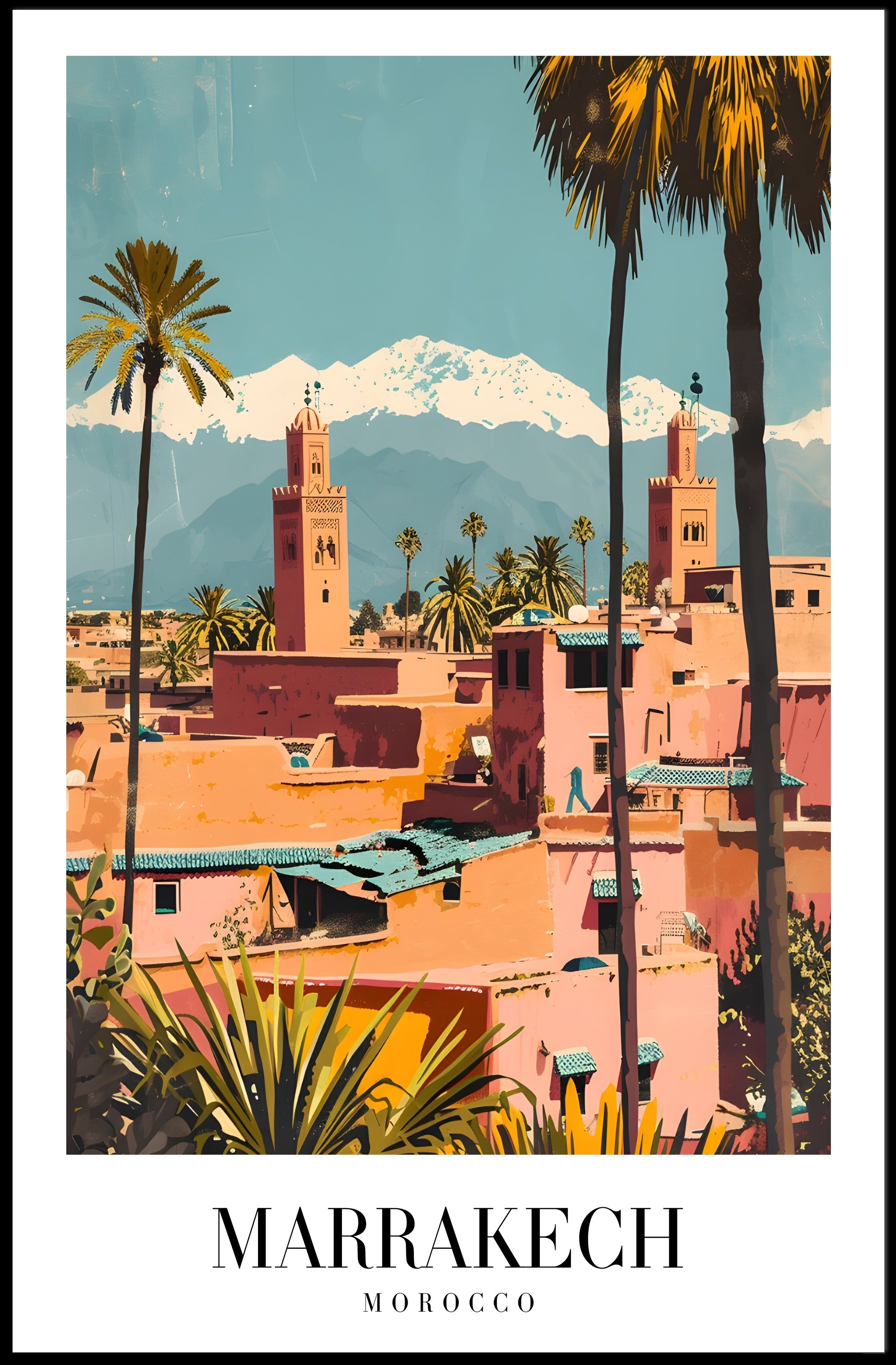 Marrakech Vintage Travel Poster with Minarets and Mountains PosterGoat