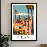 Marrakech Vintage Travel Poster with Minarets and Mountains PosterGoat