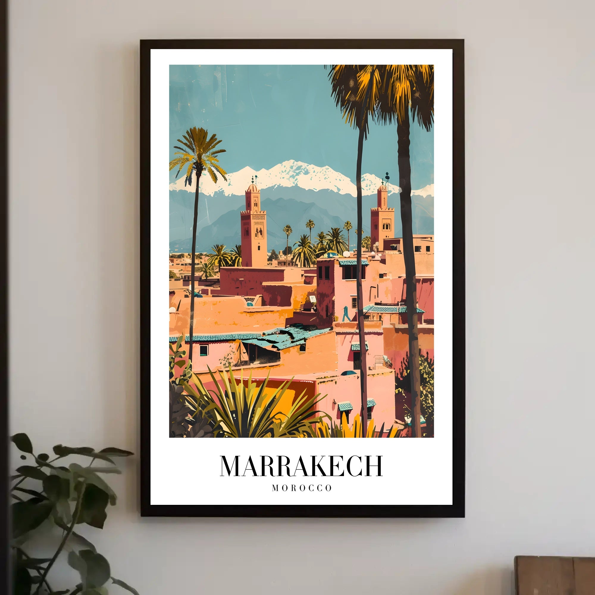 Marrakech Vintage Travel Poster with Minarets and Mountains PosterGoat