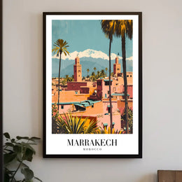 Marrakech Vintage Travel Poster with Minarets and Mountains PosterGoat
