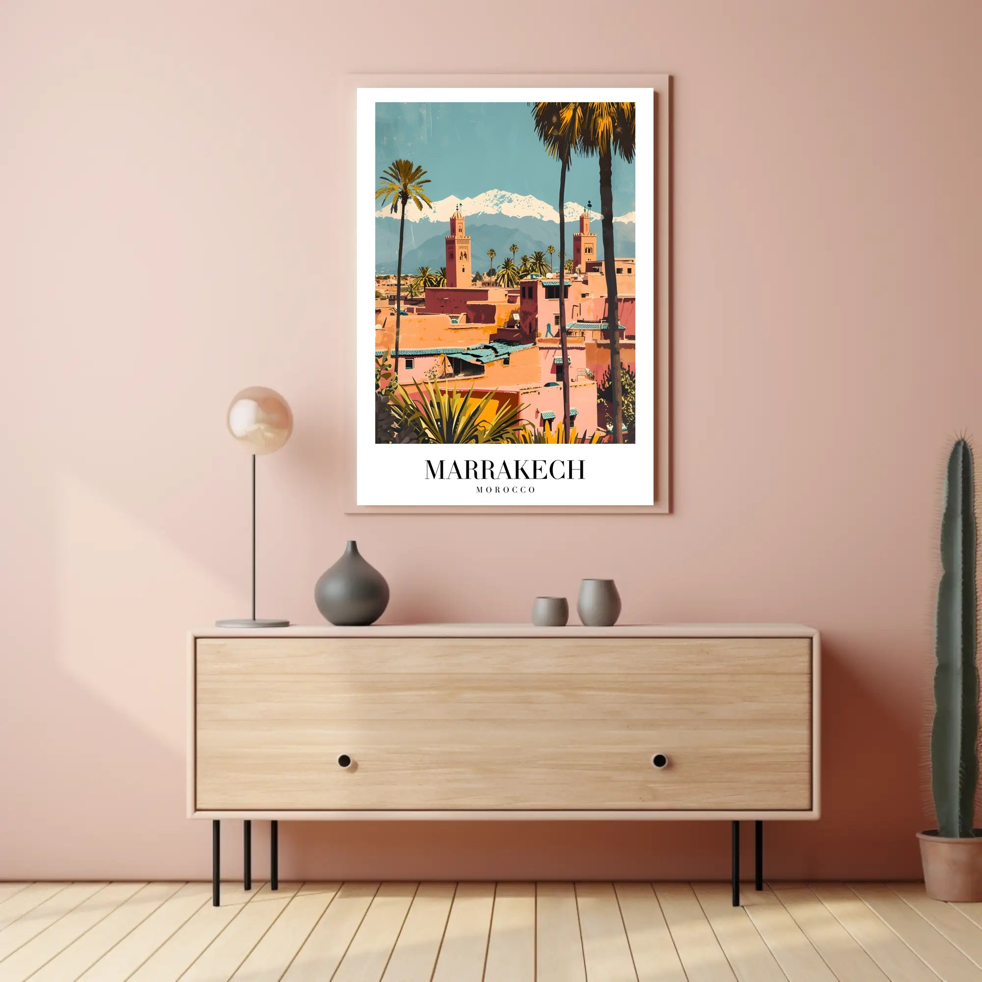 Marrakech Vintage Travel Poster with Minarets and Mountains PosterGoat