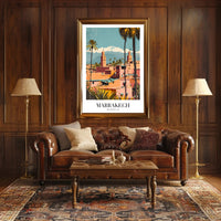 Marrakech Vintage Travel Poster with Minarets and Mountains PosterGoat