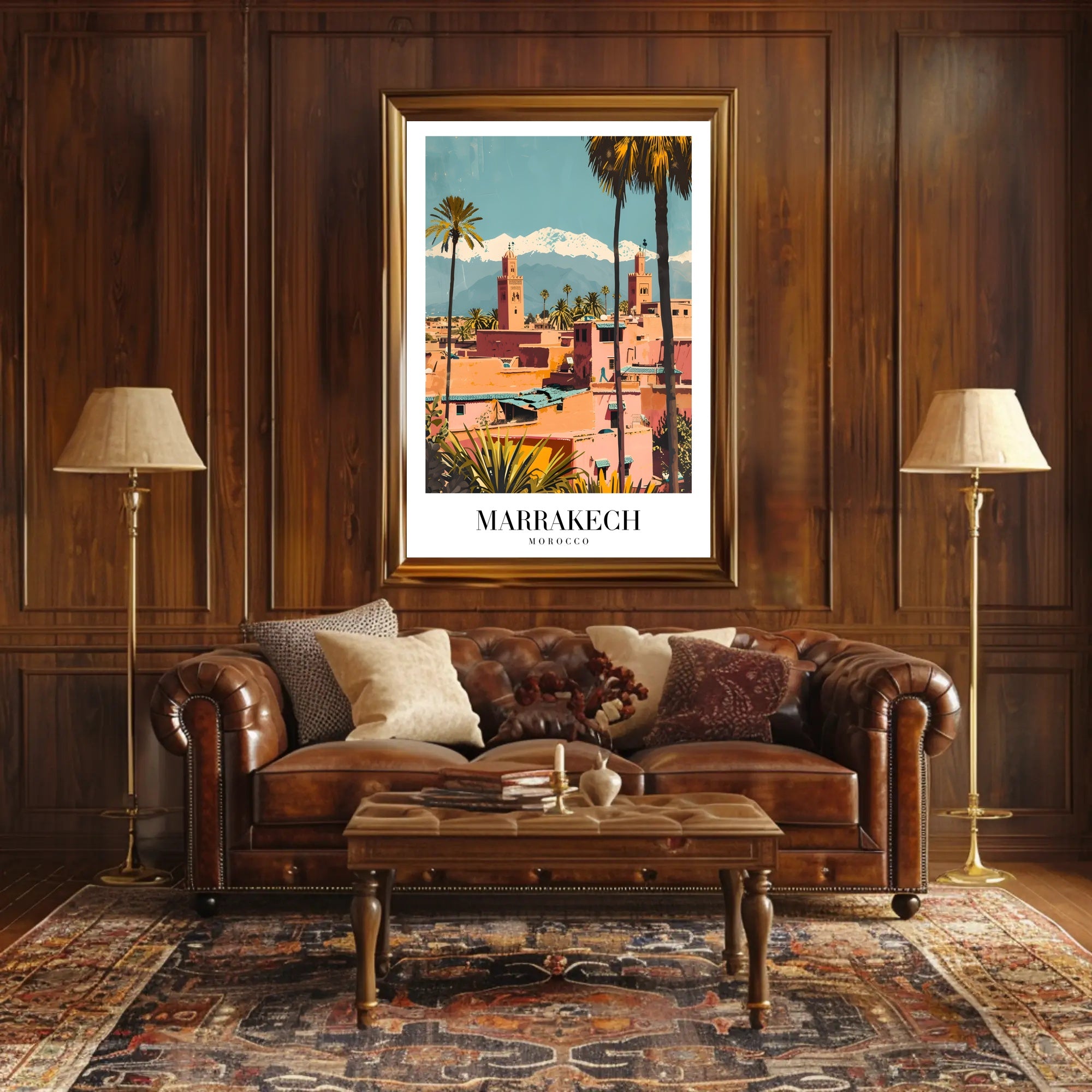 Marrakech Vintage Travel Poster with Minarets and Mountains PosterGoat