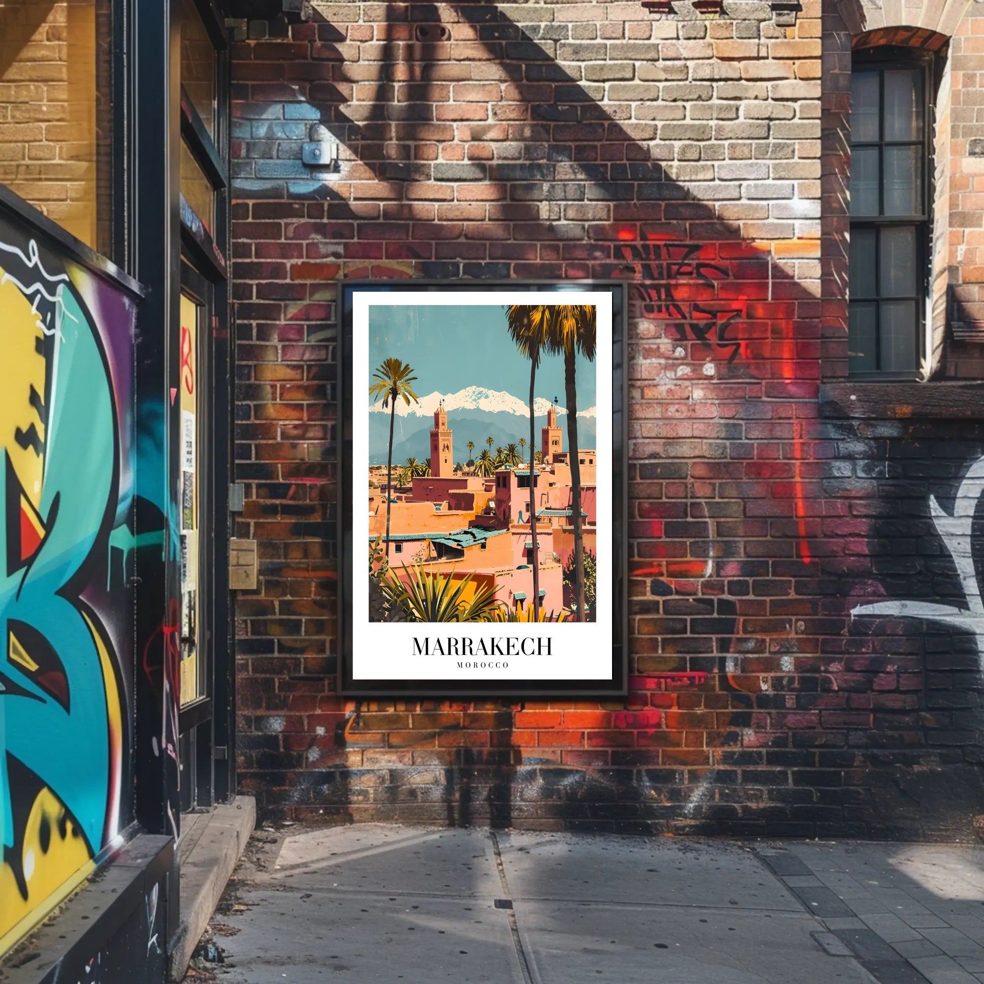 Marrakech Vintage Travel Poster with Minarets and Mountains PosterGoat