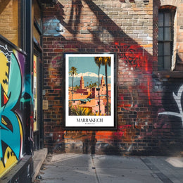 Marrakech Vintage Travel Poster with Minarets and Mountains PosterGoat
