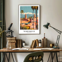 Marrakech Vintage Travel Poster with Minarets and Mountains PosterGoat