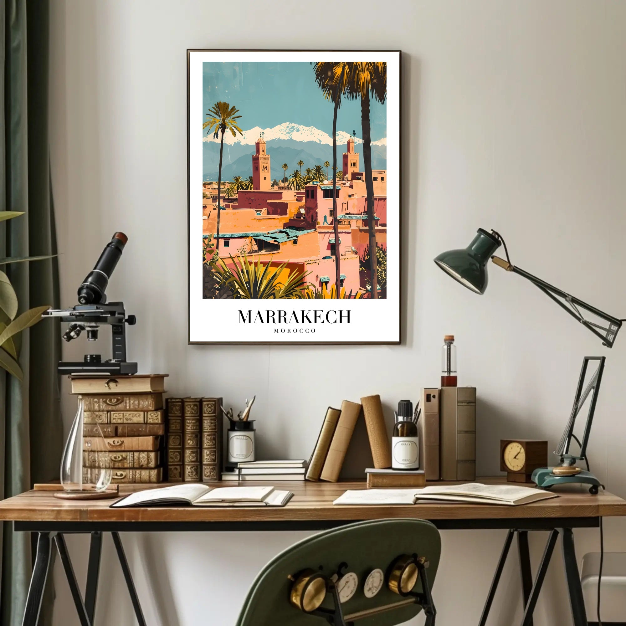 Marrakech Vintage Travel Poster with Minarets and Mountains PosterGoat