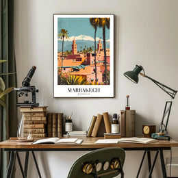 Marrakech Vintage Travel Poster with Minarets and Mountains PosterGoat
