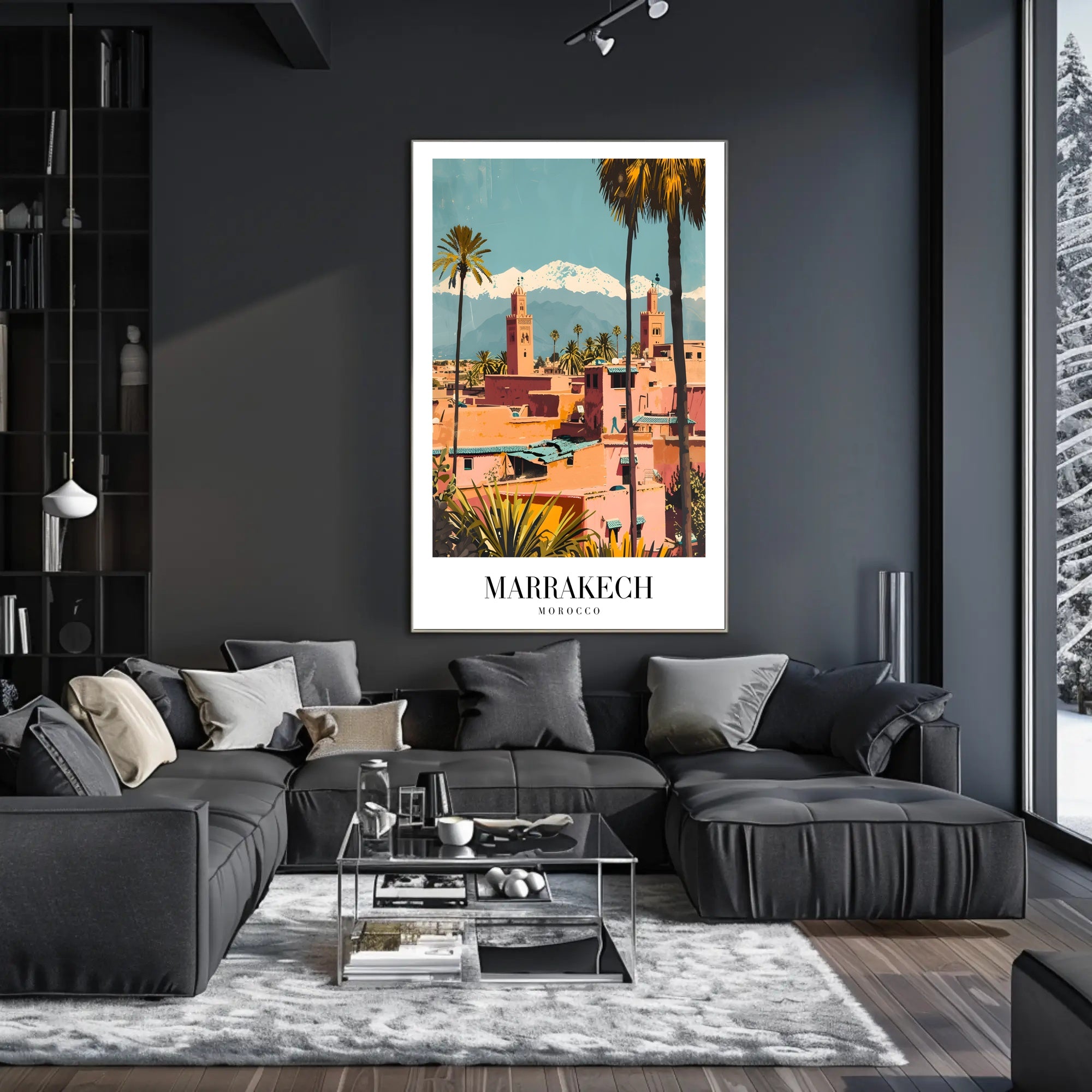 Marrakech Vintage Travel Poster with Minarets and Mountains PosterGoat