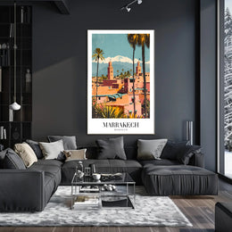 Marrakech Vintage Travel Poster with Minarets and Mountains PosterGoat