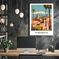 Marrakech Vintage Travel Poster with Minarets and Mountains PosterGoat