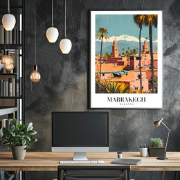 Marrakech Vintage Travel Poster with Minarets and Mountains PosterGoat