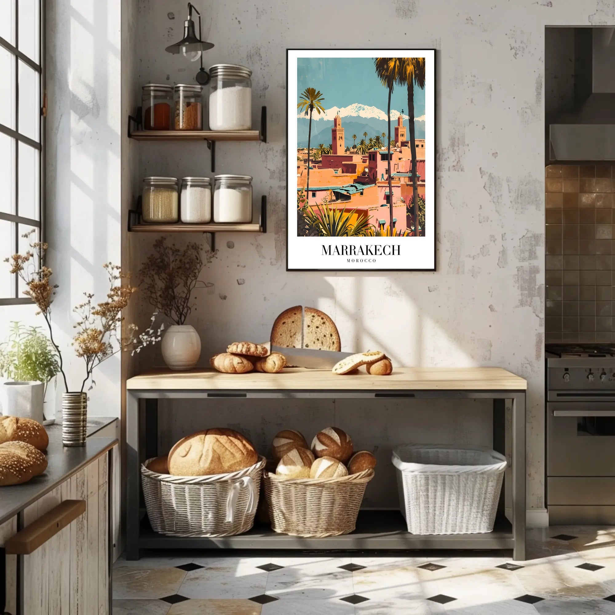 Marrakech Vintage Travel Poster with Minarets and Mountains PosterGoat