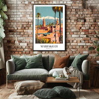 Marrakech Vintage Travel Poster with Minarets and Mountains PosterGoat