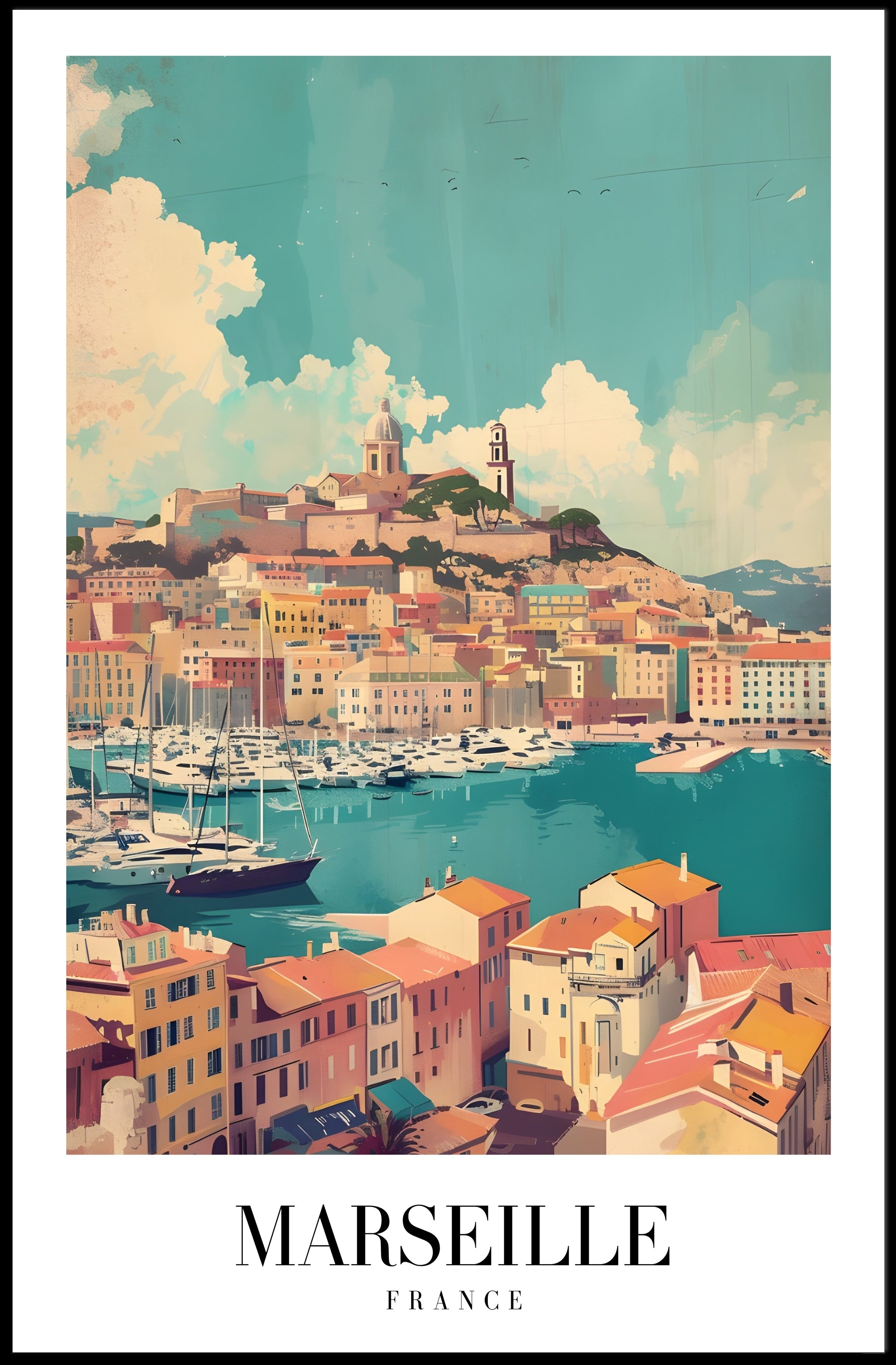 Marseille Vintage Travel Print: Coastal Cityscape Harbor View Travel Poster PosterGoat