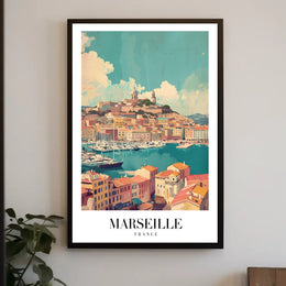 Marseille Vintage Travel Print: Coastal Cityscape Harbor View Travel Poster PosterGoat