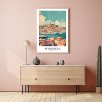 Marseille Vintage Travel Print: Coastal Cityscape Harbor View Travel Poster PosterGoat