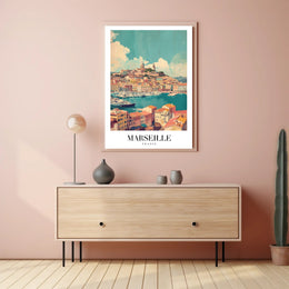 Marseille Vintage Travel Print: Coastal Cityscape Harbor View Travel Poster PosterGoat
