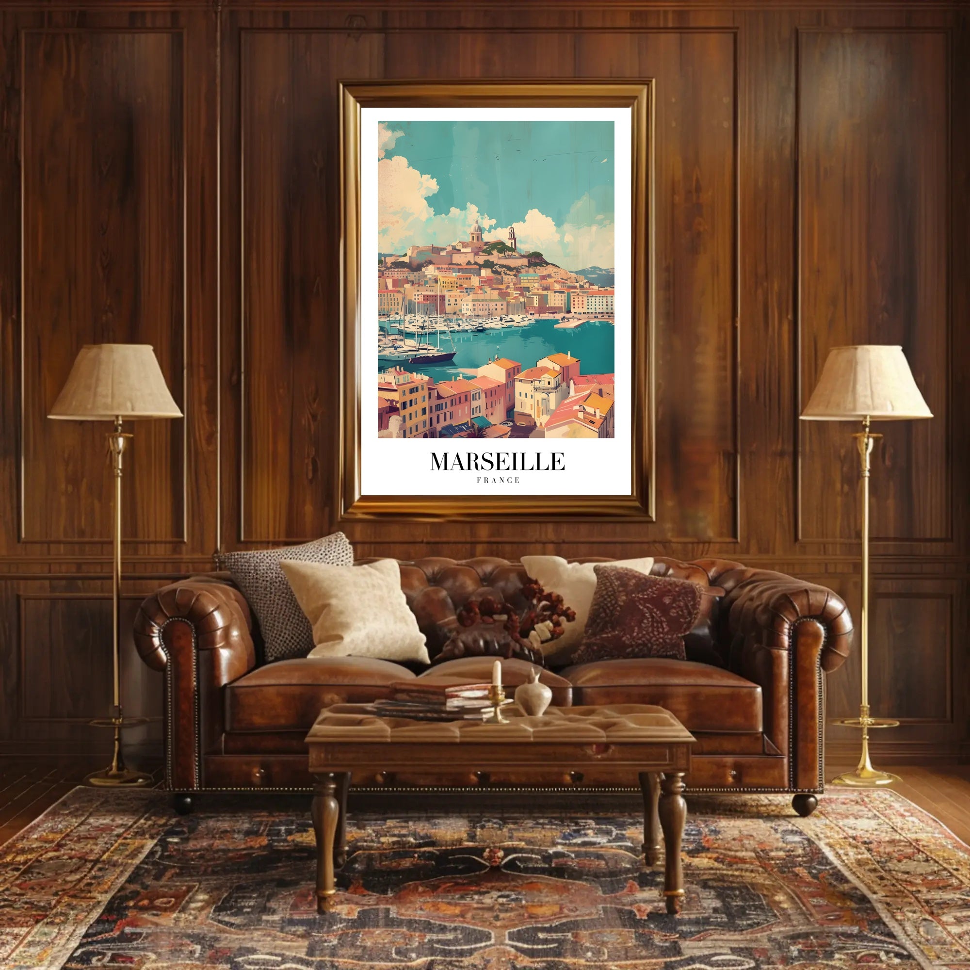 Marseille Vintage Travel Print: Coastal Cityscape Harbor View Travel Poster PosterGoat