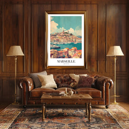 Marseille Vintage Travel Print: Coastal Cityscape Harbor View Travel Poster PosterGoat