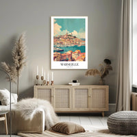 Marseille Vintage Travel Print: Coastal Cityscape Harbor View Travel Poster PosterGoat
