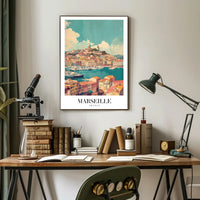Marseille Vintage Travel Print: Coastal Cityscape Harbor View Travel Poster PosterGoat