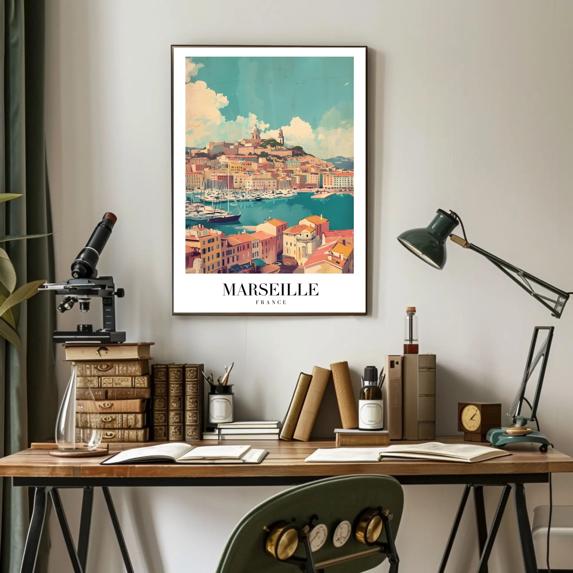 Marseille Vintage Travel Print: Coastal Cityscape Harbor View Travel Poster PosterGoat