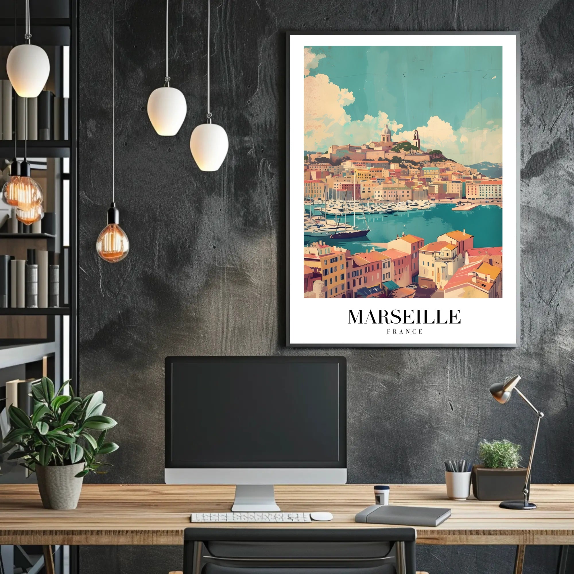 Marseille Vintage Travel Print: Coastal Cityscape Harbor View Travel Poster PosterGoat