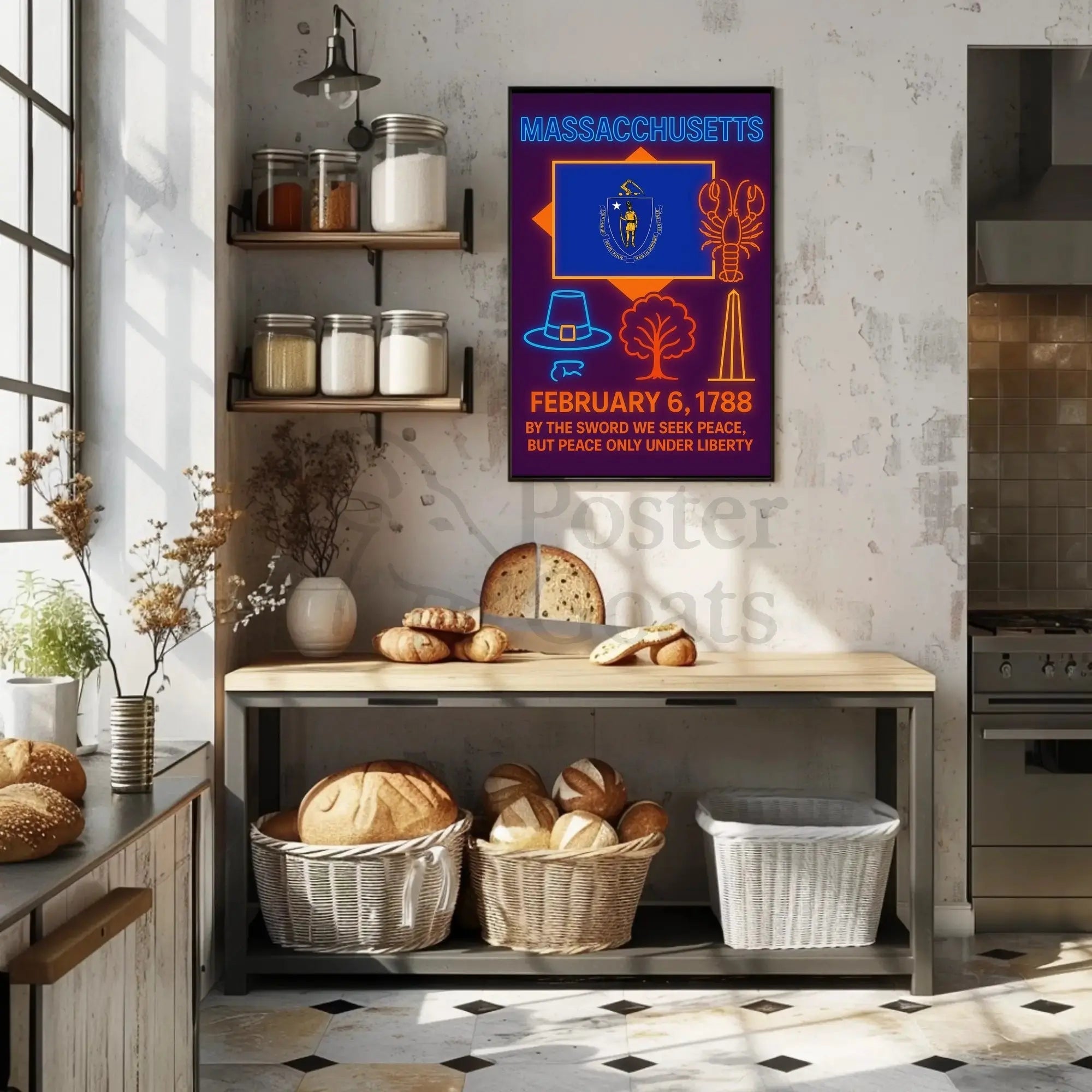 Massachusetts Heritage Celebration Neon Retro Cultural Poster PosterGoat